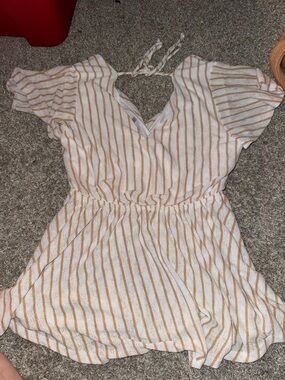 white birch White and Tan Striped Wrap-Front Top